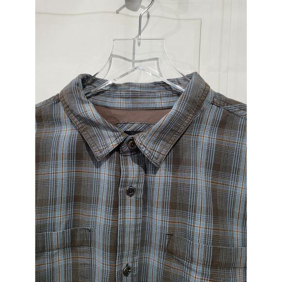 Prana Mens SZ XX Large Button Up Shirt FLAWED Plaid Brown Blue Long Sleeve - Picture 2 of 12